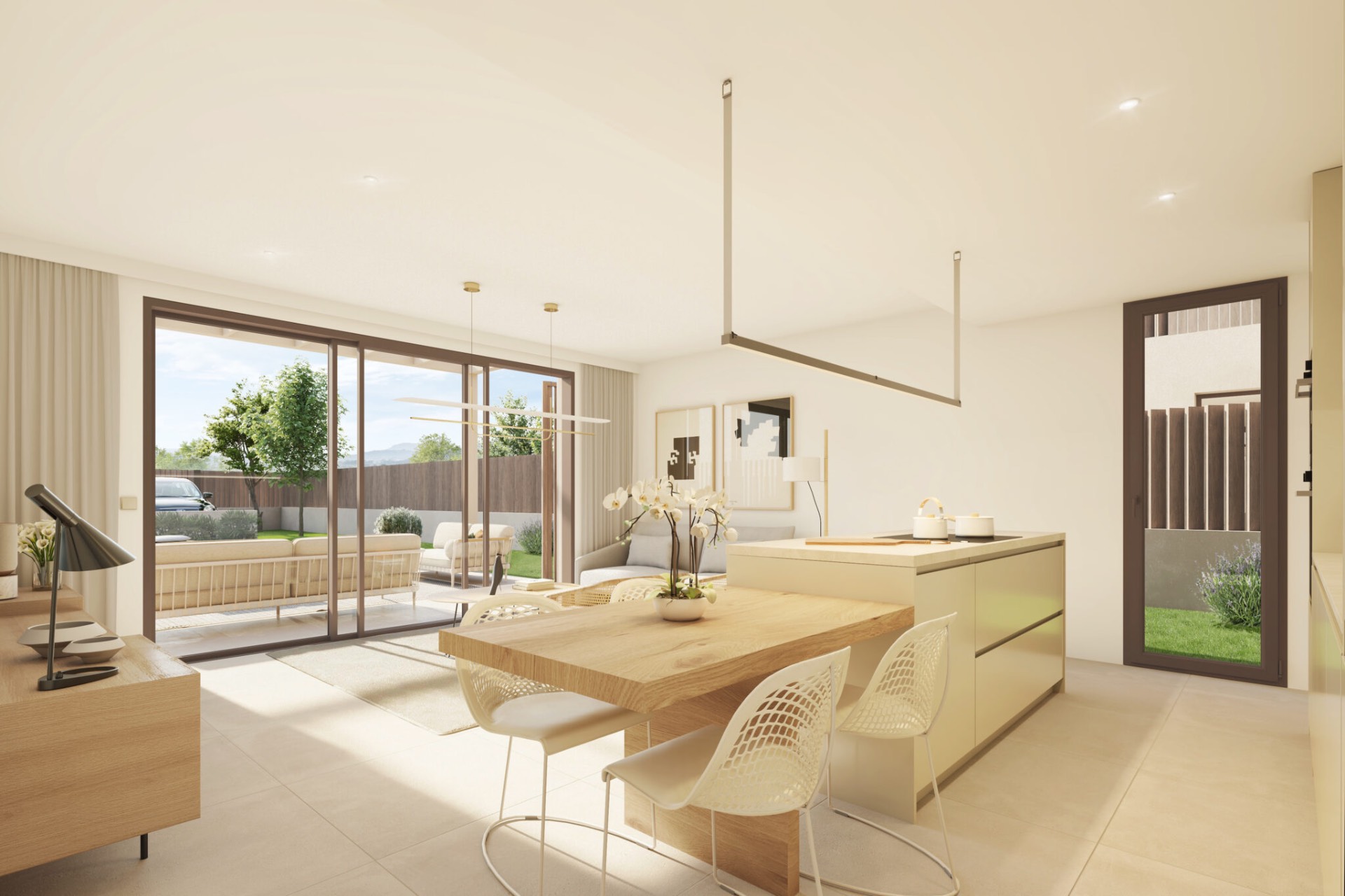 Open kitchen, dining and living area