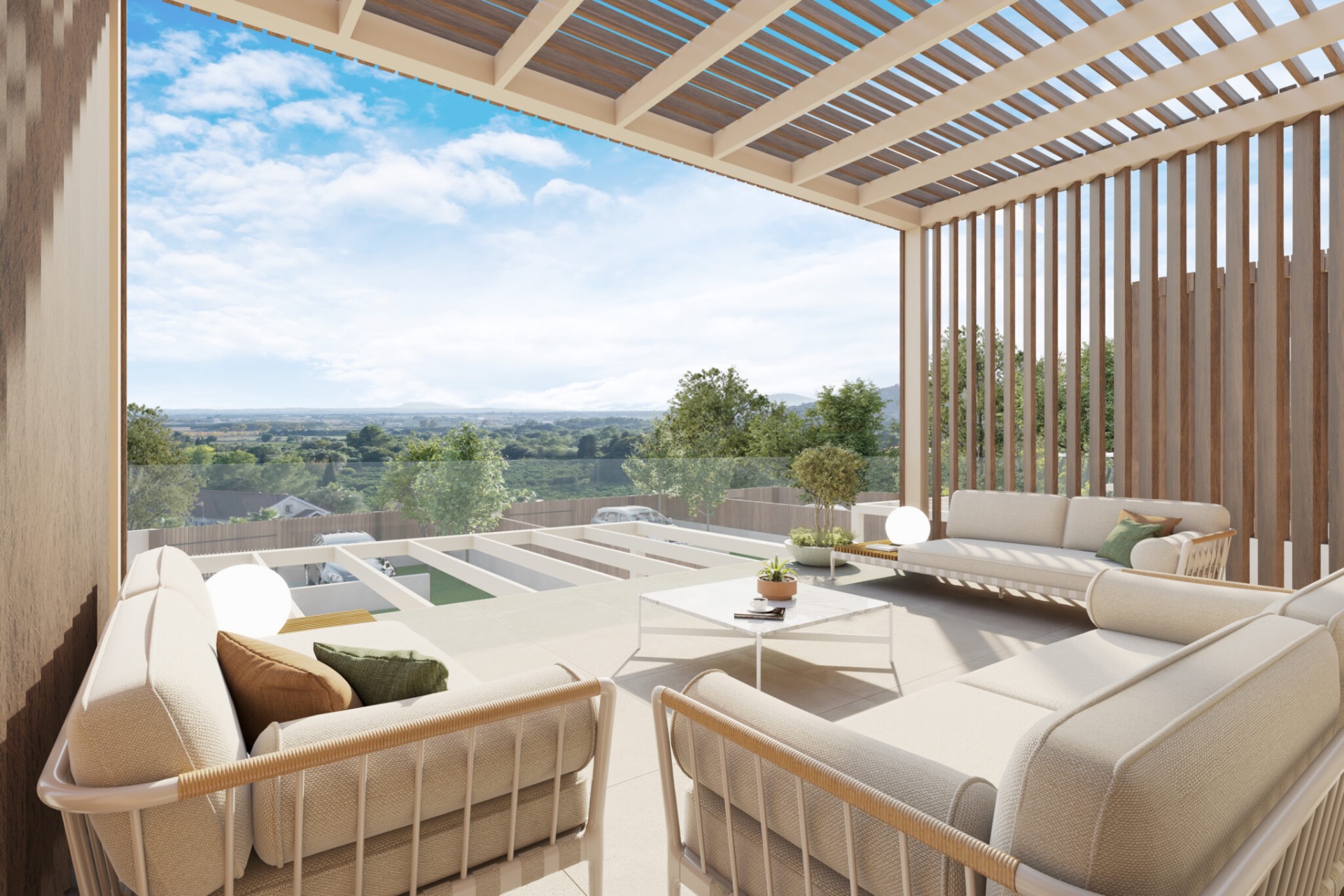 Upper-level terrace with views toward the countryside